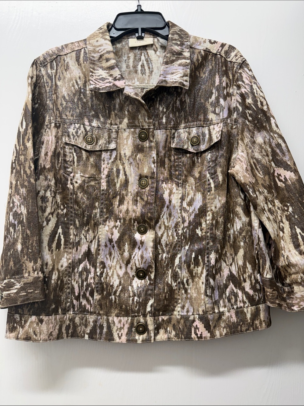 Chico's Brown & Cream Abstract Print Button-Front Jean Jacket